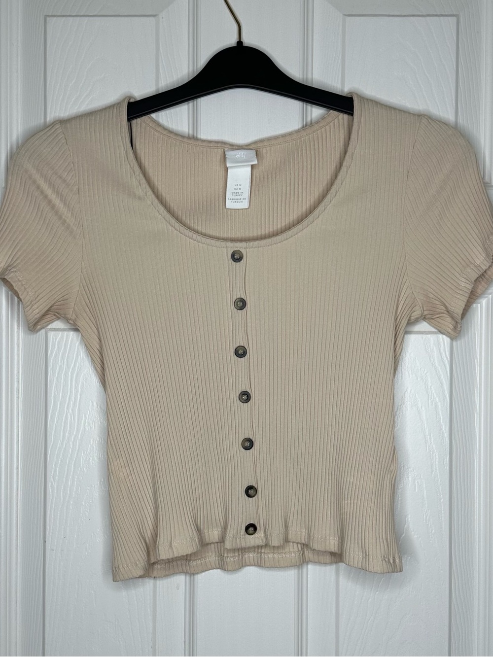 H&M  Beige Short Sleeve Round Neck Cropped Cotton Top Size Medium M